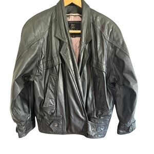80s Vintage BYRNES & BAKER Biker style Long Lapel Black Leather Jacket | Medium